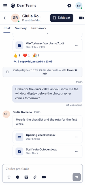 Chat v Dazr Teams v telefonu
