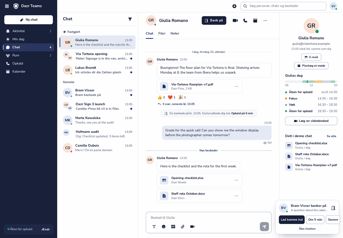 Dazr Teams med en chat åben: beskeder, filer fra Dazr Files, et bank på, der blev lukket ind, og den andens dag til højre