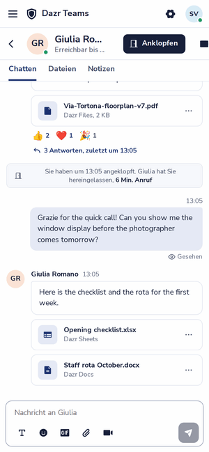 Ein Chat in Dazr Teams auf einem Smartphone