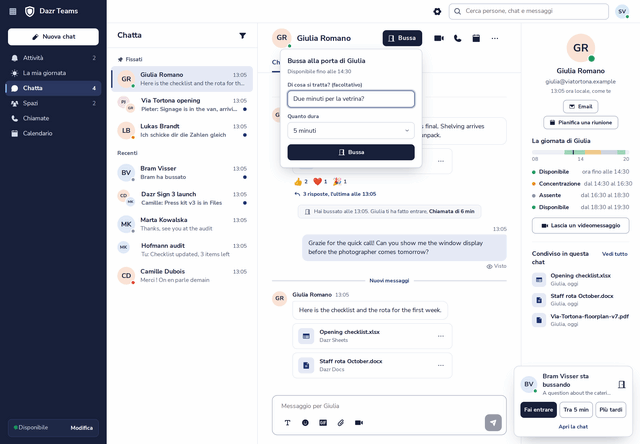 Bussare alla porta di un collega in Dazr Teams: un breve motivo, quanto ci vuole e il pulsante Bussa