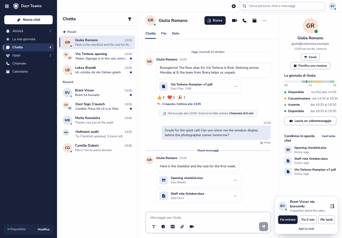Dazr Teams con una chat aperta: messaggi, file da Dazr Files, una bussata accolta e, a destra, la giornata dell’altra persona