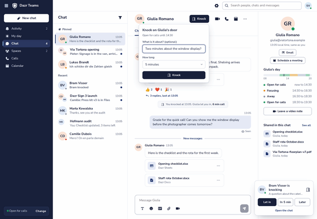 Knocking on a colleague’s door in Dazr Teams: a short reason, how long it takes, and the Knock button