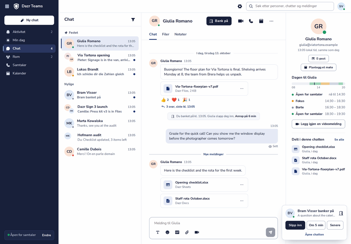 Dazr Teams med en chat åpen: meldinger, filer fra Dazr Files, en banking som ble sluppet inn, og den andres dag til høyre