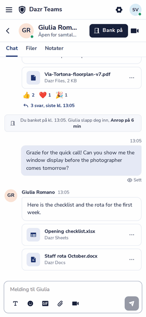 En chat i Dazr Teams på en telefon
