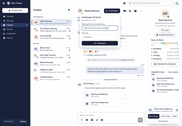 Aankloppen bij een collega in Dazr Teams: een korte reden, hoe lang het duurt, en de knop Aankloppen