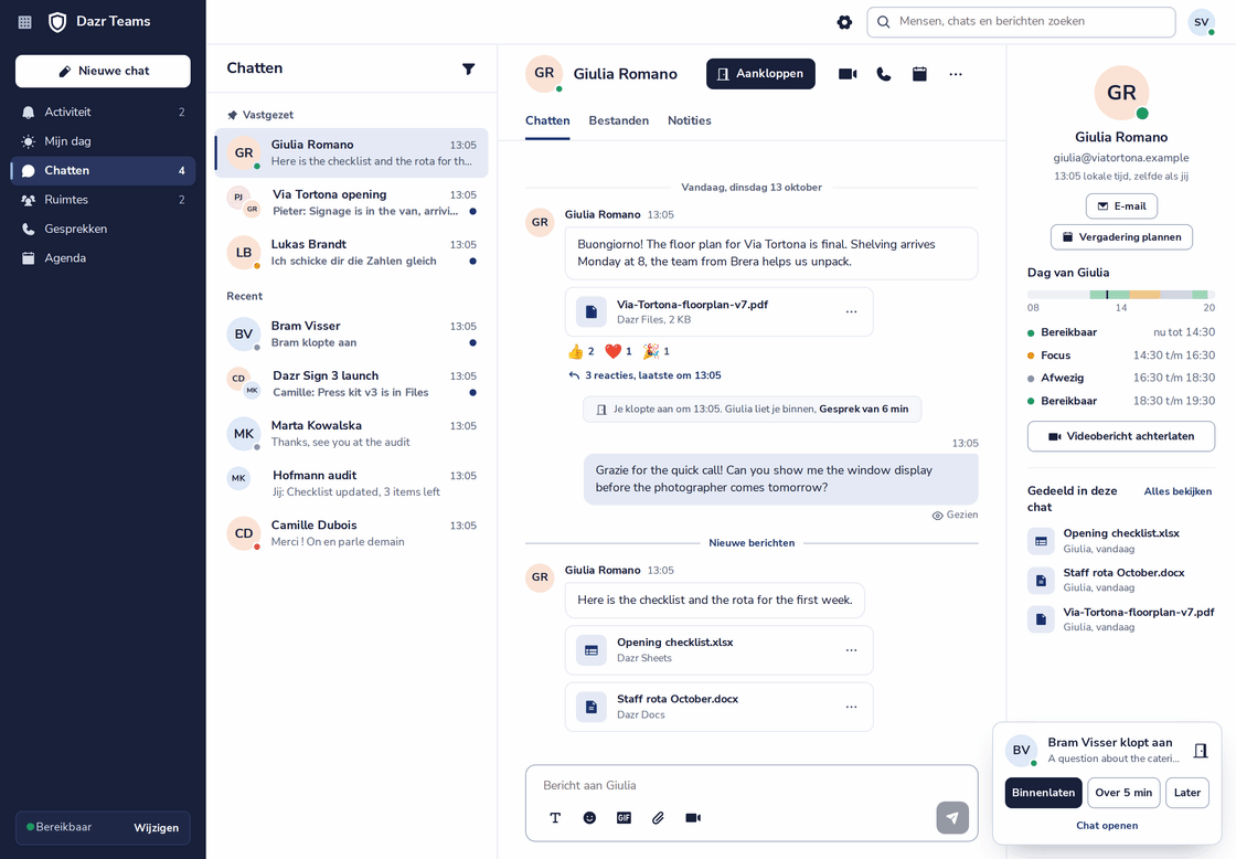 Dazr Teams met een chat open: berichten, bestanden uit Dazr Files, een klopje dat werd binnengelaten, en de dag van de ander rechts