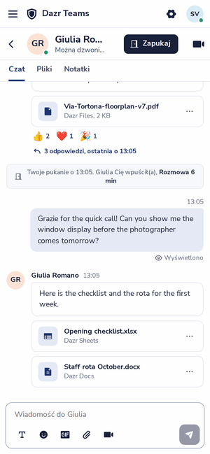 Czat w Dazr Teams na telefonie