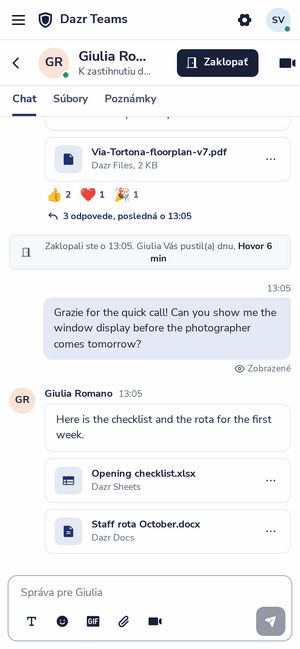 Chat v Dazr Teams v telefóne