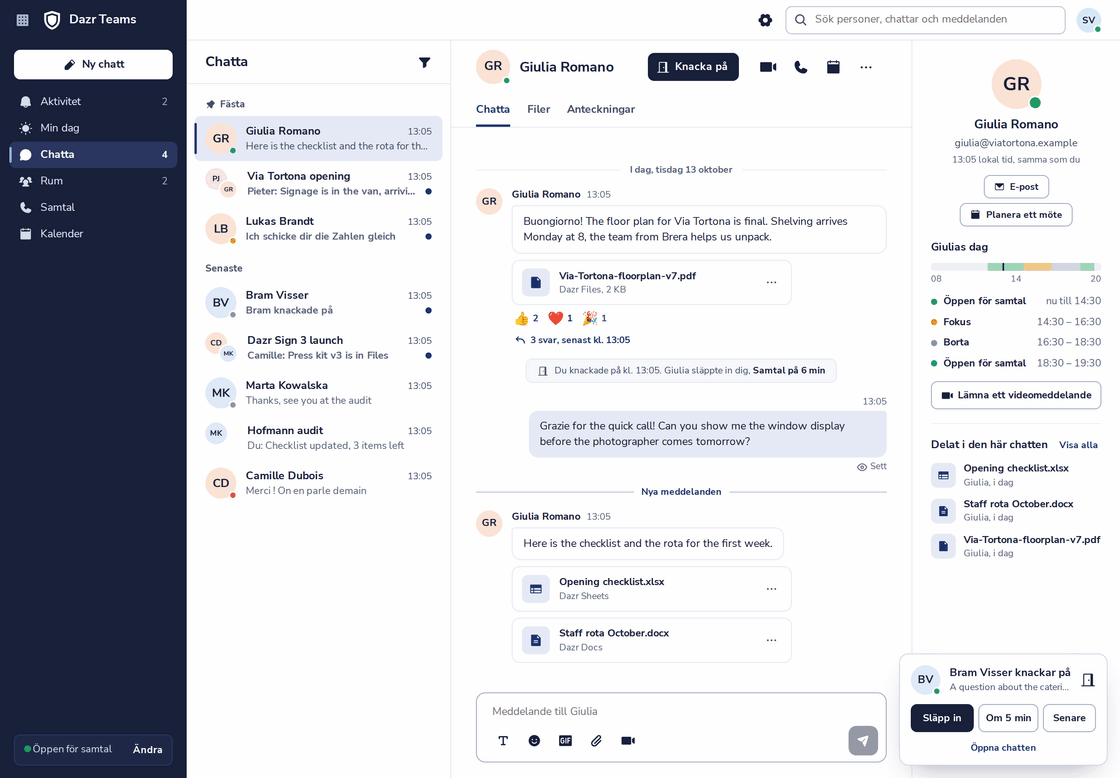 Dazr Teams med en chatt öppen: meddelanden, filer från Dazr Files, en knackning som släpptes in, och den andra personens dag till höger