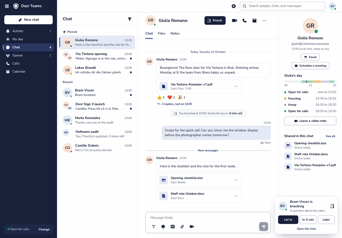 Dazr Teams with a chat open: messages, files from Dazr Files, a knock that was let in, and the other person’s day on the right