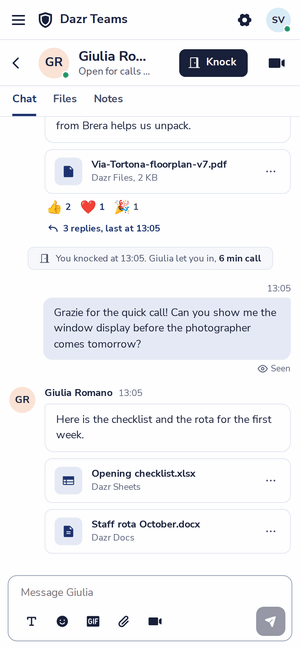 A chat in Dazr Teams on a phone